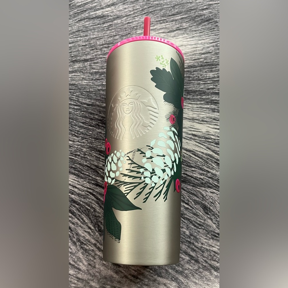 NWT Starbucks 24oz Winter/Holiday Greenery Metal Cold Beverage Tumbler